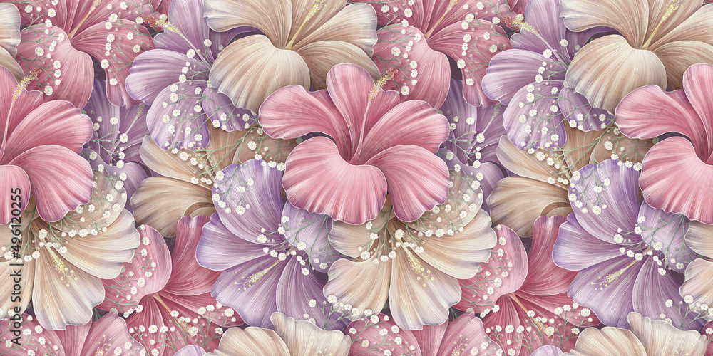 custom made wallpaper toronto digitalFloral background, seamless pattern, luxury wallpaper. Tropical hibiscus flowers, pink, beige, purple, white gypsophila. Watercolor 3d illustration, glamorous texture, mural. Vintage drawing