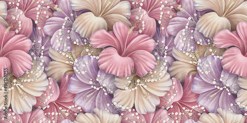 Wallpaper Mural Floral background, seamless pattern, luxury wallpaper. Tropical hibiscus flowers, pink, beige, purple, white gypsophila. Watercolor 3d illustration, glamorous texture, mural. Vintage drawing Torontodigital.ca
