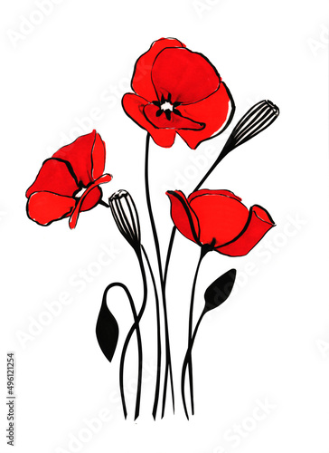 Bouquet. Red poppies  watercolor illustration  isolated on white background.