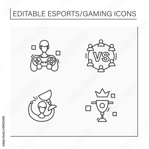 Esports line icons set. Gamer, international competition, round-robin tournament, winning. Gaming concept. Isolated vector illustration.Editable stroke