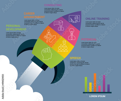 Infographic Business Training icons vector illustration. 6 colored steps info template with editable text.
