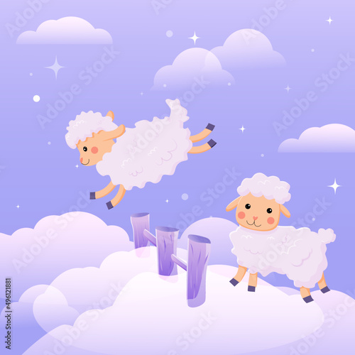 Sheep jumping on the clouds at night (insomnia, counting sheep). Vector banner