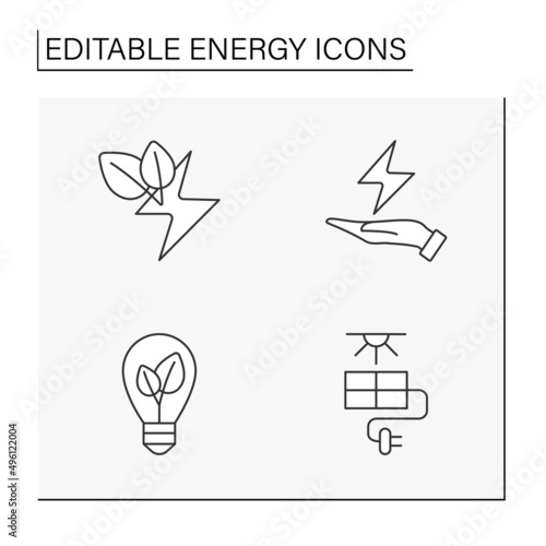 Energy line icons set. Selling of renewable sources. Power stations. Electricity generation concepts. Isolated vector illustrations. Editable stroke