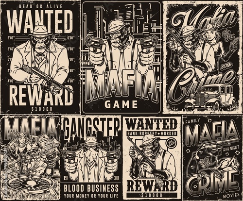 Gorilla mafia monochrome posters set