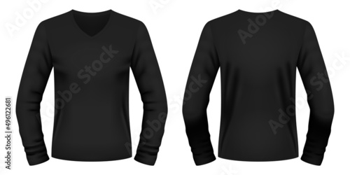 Blank black V-neck long sleeve t-shirt template. Front and back views. Vector illustration.
