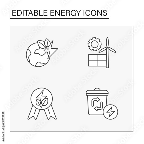 Energy line icons set. Selling of renewable sources. Power stations. Electricity generation concepts. Isolated vector illustrations. Editable stroke