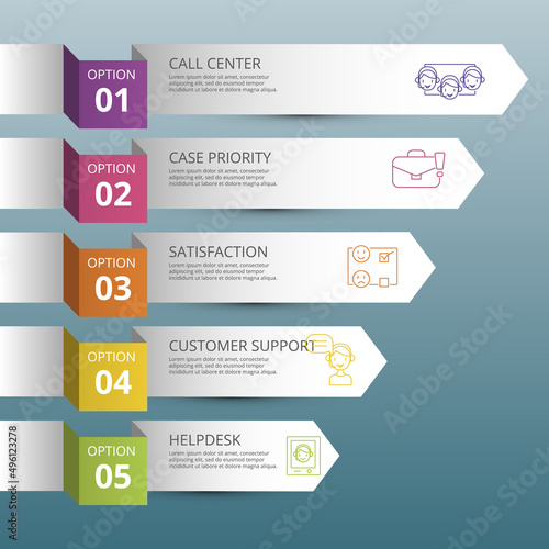 Infographic Customer Service icons vector illustration. 5 colored steps info template with editable text.