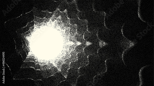 Retro styled docking corridor on space station or light at the end of tunnel concept for sci-fi poster or flyer. Gate or cave with dotwork style.