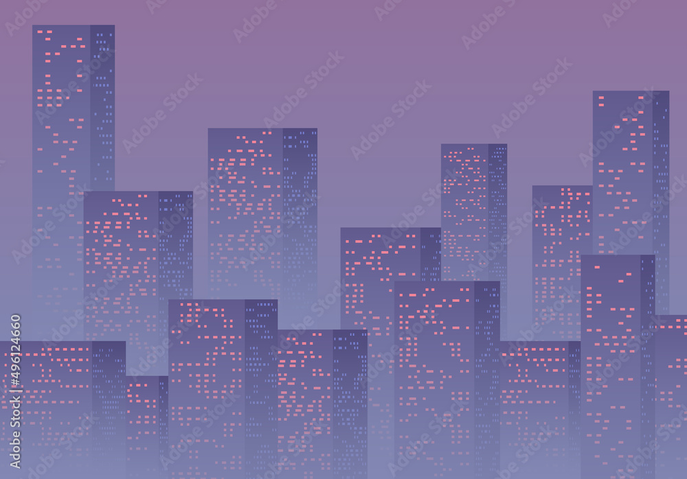 Violet sunset over the business city with skyscrapers. Purple highrise cityscape background in 80s style with sun reflections in the windows