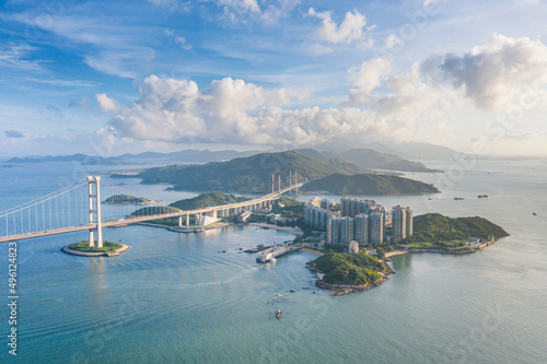 Epic evening view of the Tsing Ma Bridge, Suspension bridge in west side of Hong Kong.