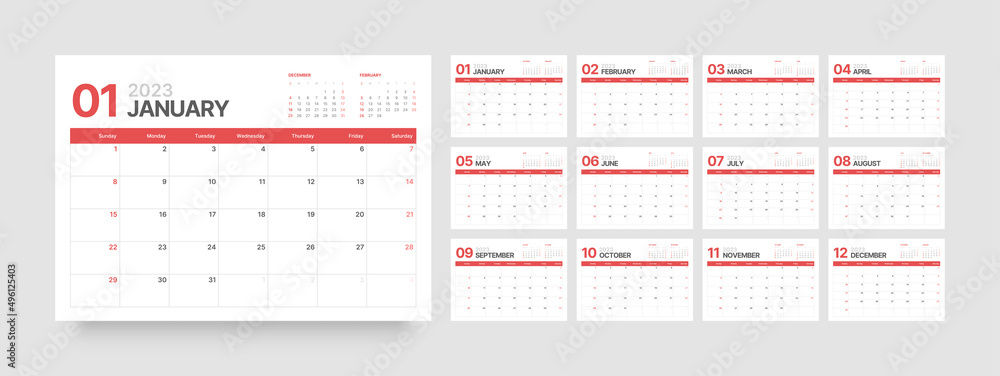 Monthly calendar template for 2023 year. Wall calendar in a minimalist style. Week Starts on Sunday. - obrazy, fototapety, plakaty 