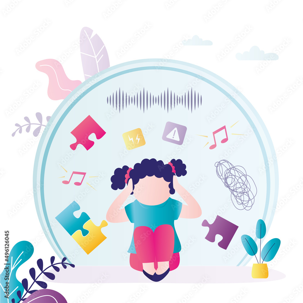 Little girl covers ears for fear of loud sounds. Child with autism