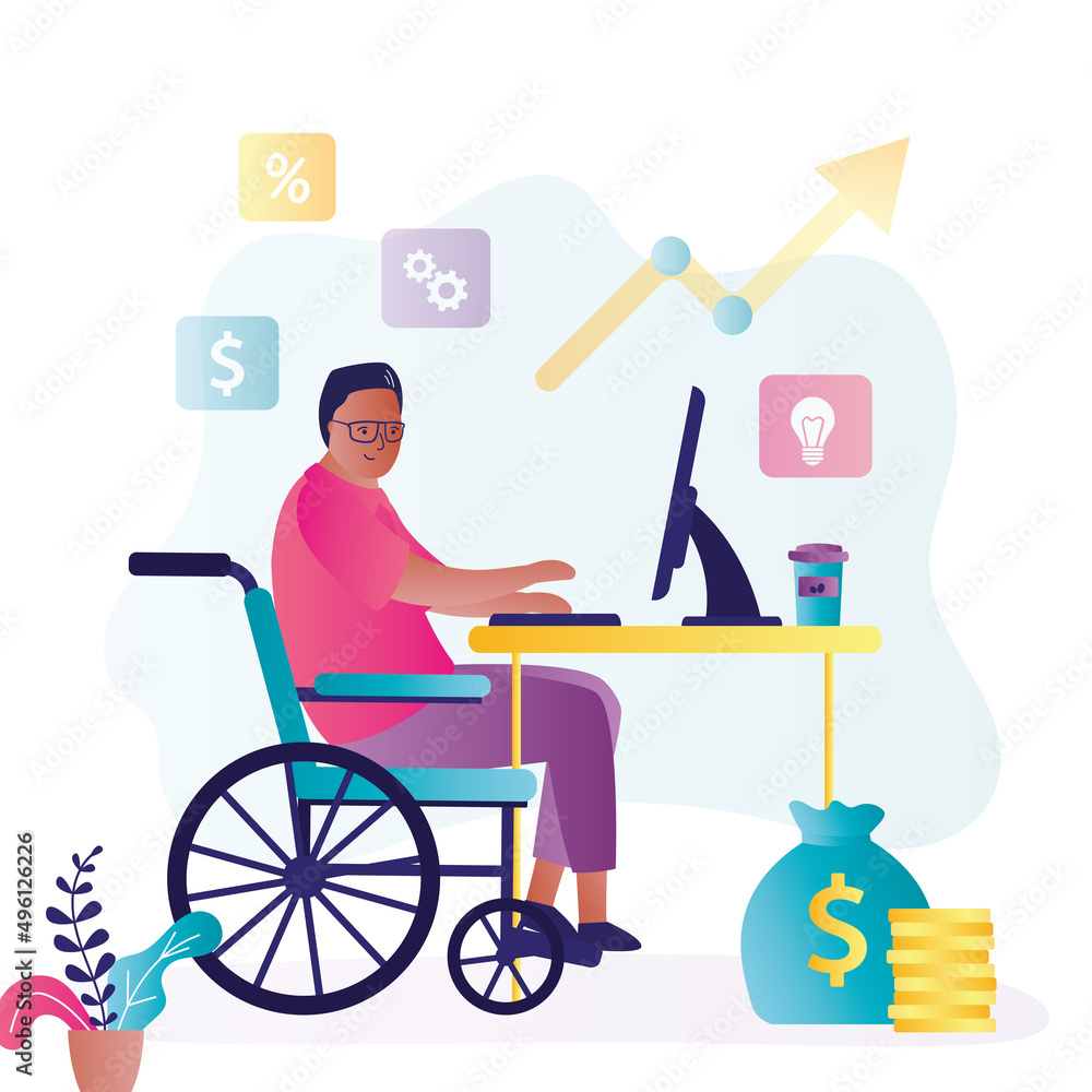 Businessman earning money online. Guy with disability successfully works in office. African american trader in wheelchair sitting at workplace. Man working on computer. Businessman earning money online. Guy with disability successfully works in office. African american trader in wheelchair sitting at workplace. Man working on computer.