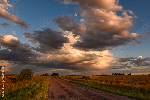 Stormy sky at sunset in the pampas field, La Pampa, Argentina.