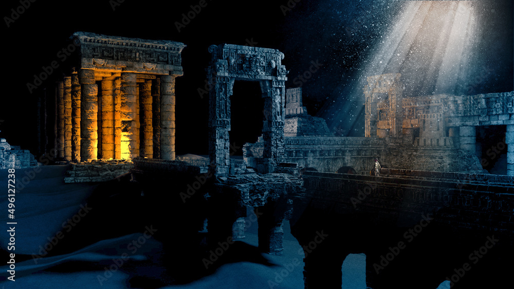 Obraz premium Explorer and archaeologist, worlds disappeared. Ancient civilizations, secrets and mysteries. Temples and structures. Discoveries of buildings from the past. Archeology and studies. Adventure