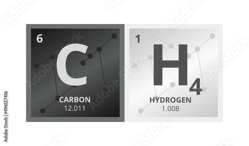 Vector symbol of methane CH4 compound consisting of hydrogen and carbon atoms and molecules on the background from connected molecules. Natural gas, alkane. The icon is isolated on white background.