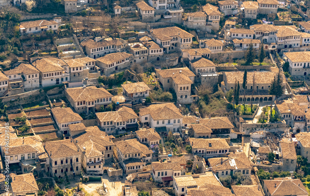 View of the ancient villages in Berat, a beautiful and popular UNESCO World Heritage site in the Balkan country of Albania. 
