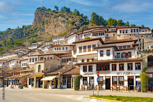 View of the ancient villages in Berat, a beautiful and popular UNESCO World Heritage site in the Balkan country of Albania. 