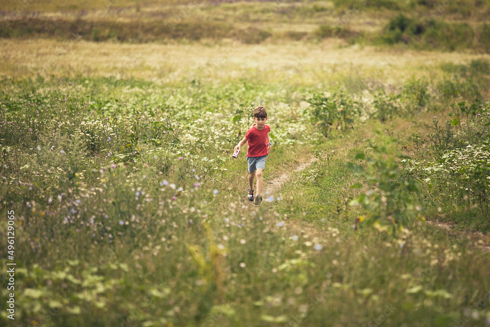Small boy in red T shirt running through green field