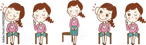 椅子に座って話を聞いている女性のセットイラスト。