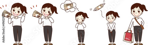 現金を持って喜ぶ若い女性、悩む女性、買い物をする女性のセットイラスト。