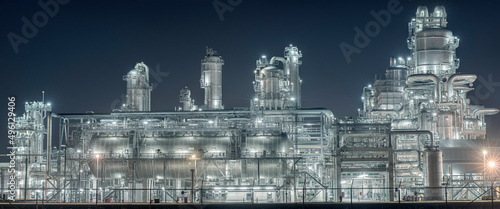 Panoramic view of a chemical factory at night.