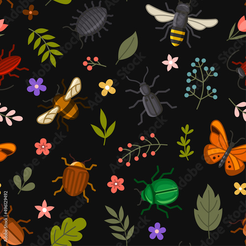 Cute Insects and Flowers Seamless Pattern on Black Background. Vector