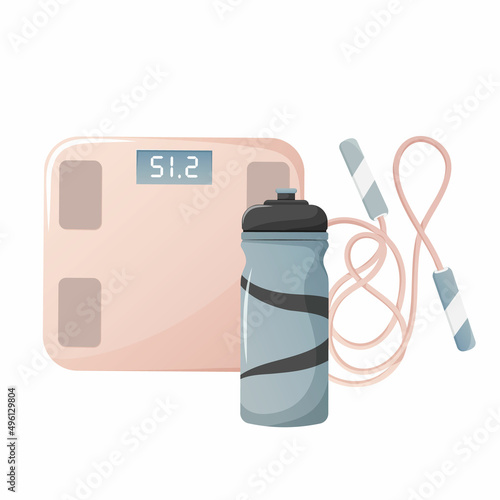 Fitness and workout equipment vector illustration. Scales, bottle, skipping rope. Gym tools, healthy lifestyle concept, control weight, keep fit, isolated transparent background