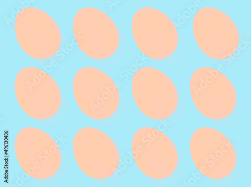 Easter Egg pattern: flat chicken eggs on blue background. Top view for card