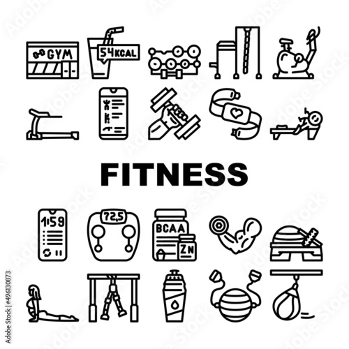 Fitness Gym Sportive Equipment Icons Set Vector. Athlete Fitness Exercise On Rowing Machine And Bike, Nutrition For Muscle And Water Drink Bottle, Scale Phone Application Black Contour Illustrations