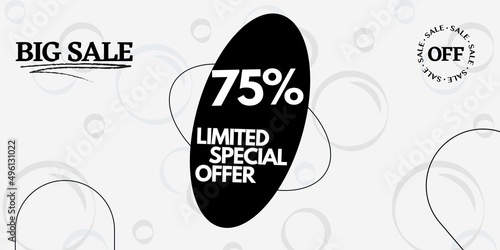 75% off limited special offer. Banner with seventy five percent discount on a white background with black circles