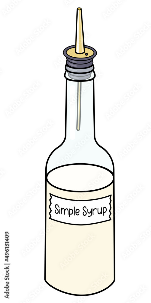 Doodle cartoon home-made simple sugar syrup cocktail ingredient a bottle with pourer. For card, stickers, posters, bar menu or cook book recipe. Doodle cartoon home-made simple sugar syrup cocktail ingredient a bottle with pourer. For card, stickers, posters, bar menu or cook book recipe.