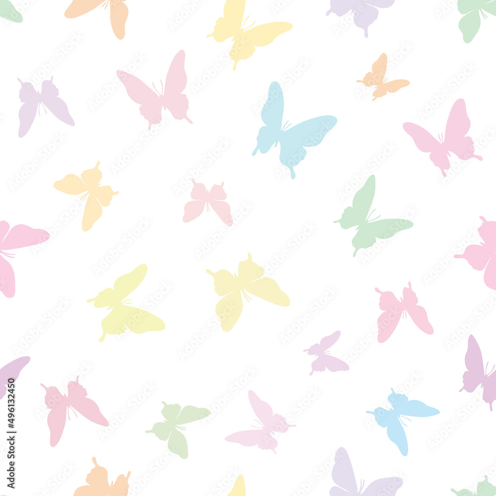 Vector butterfly seamless repeat pattern. Cute pastel butterfly silhouette design.