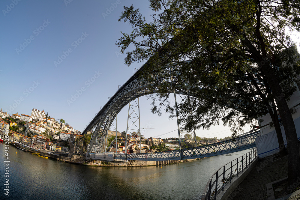 Porto, Portugal. March 2022. panoramic view of the Dom Luís I bridge over the Douro river in the city center