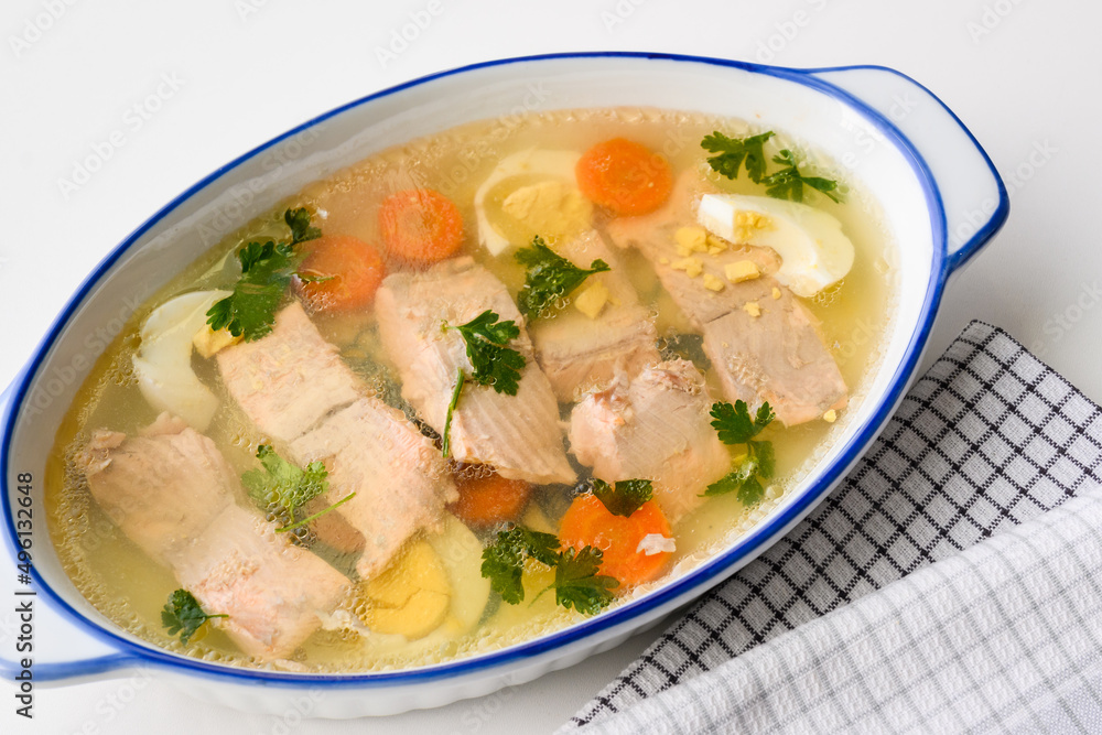 Trout fish in aspic with vegetables. Fish in jelly. Fish with gelatin. Trout fish in aspic with vegetables. Fish in jelly. Fish with gelatin.