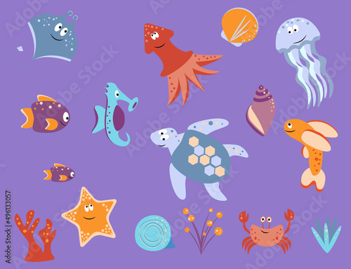 Fototapeta Naklejka Na Ścianę i Meble -  Set with marine inhabitants, starfish, squid, jellyfish, turtle, crab, stingray fish, seahorse, fish, shells, algae. Sea creatures.