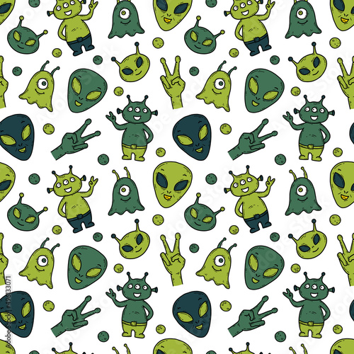 Aliens, unidentified flying object UFO vector doodle seamless pattern. Funny cartoon green creatures in space. Faces and hands of martians on a white background for children's printing