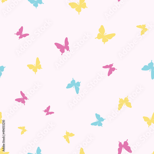 Simple butterfly silhouette, cute girly pastel pattern. Colorful happy pattern.