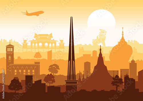 Fotografie, Obraz myanmar top famous landmarks silhouette style,travel and tourism,vector illustra