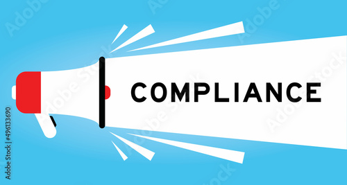 Color megphone icon with word compliance in white banner on blue background