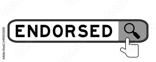 Search banner in word endorsed with hand over magnifier icon on white background