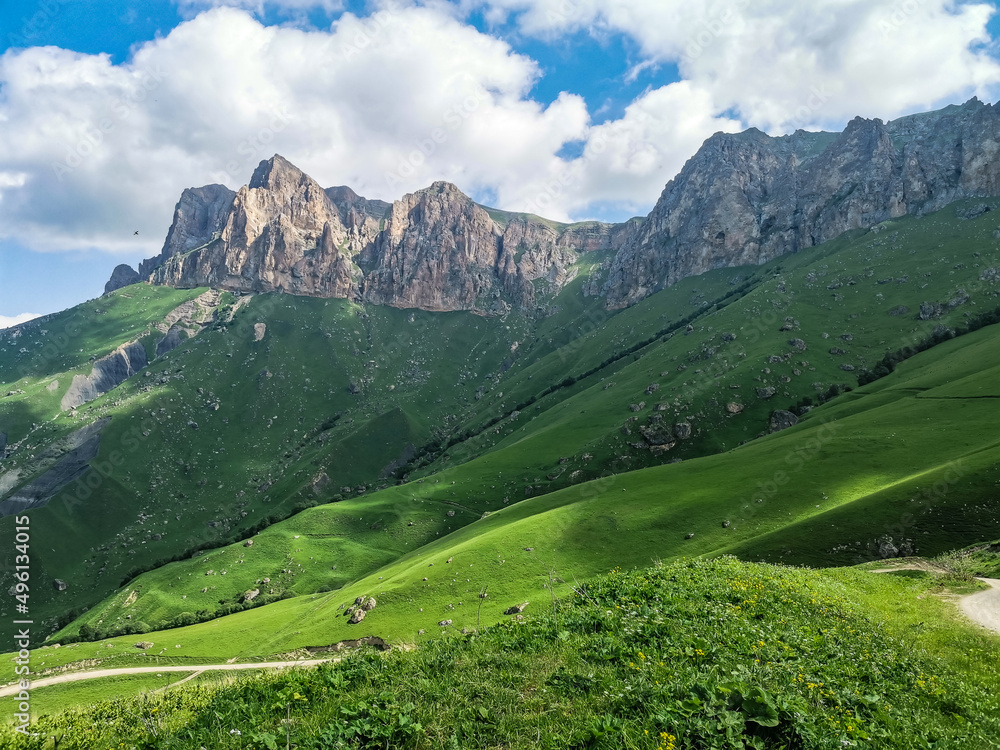 Fototapeta premium The landscape of the green Aktoprak pass in the Caucasus, the road and the mountains under gray clouds. Russia.