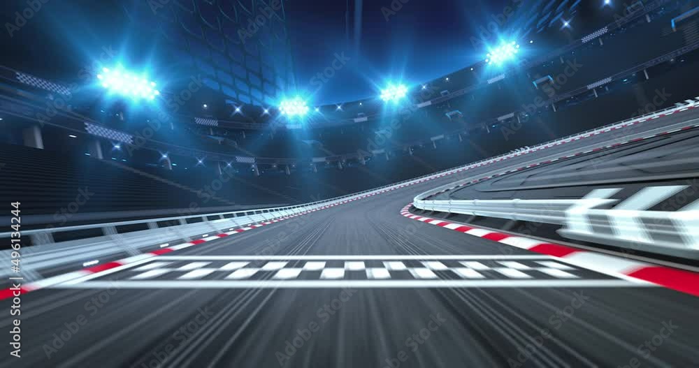 Asphalt racetrack with tire prints and illuminated racing circuit at night ride. Professional automotive and sports 4K video in seamless loop.