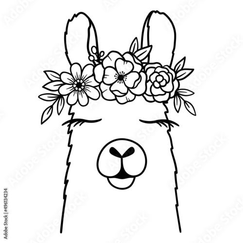 Cute Llama Line Art. Llama with Flower Crown. Llama sketch vector illustration. Good for posters, t shirts, postcards.