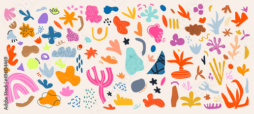 Big collection of minimalistic aesthetic doodles and abstract bright elements on isolated background. Large collection of elements, unusual shapes in matisse art style hand-drawn