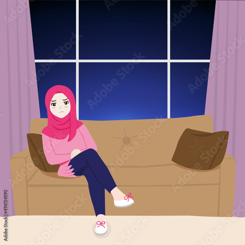 Illustration of a Muslim Girl Wearing Hijab Sitting Down on Sofa