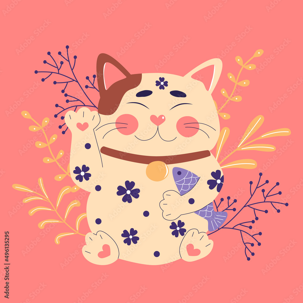 Maneki neko, japanese lucky cat, fortune symbol. Cute kitty character of oriental flat vector illustration Maneki neko, japanese lucky cat, fortune symbol. Cute kitty character of oriental flat vector illustration