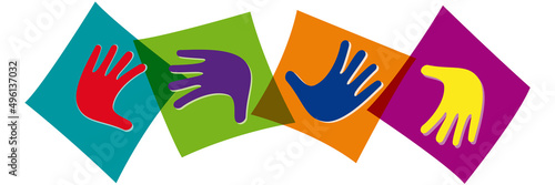 Four abstract hands inside squares. Different human races. Concept of teamwork and friendship against any racial discrimination. Vector banner