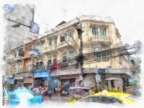 Bangkok city landscape watercolor style illustration impressionist painting. © Kittipong