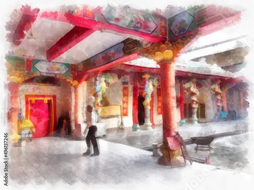 landscape of ancient chinese shrine building watercolor style illustration impressionist painting.